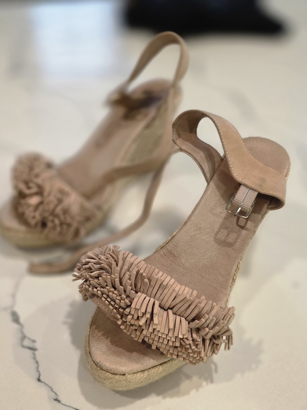 Womens Neutral Fringe Espadrille Wedge Sandals